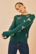 Yumi Green Sequin All Over Applique Bow Knitted Jumper