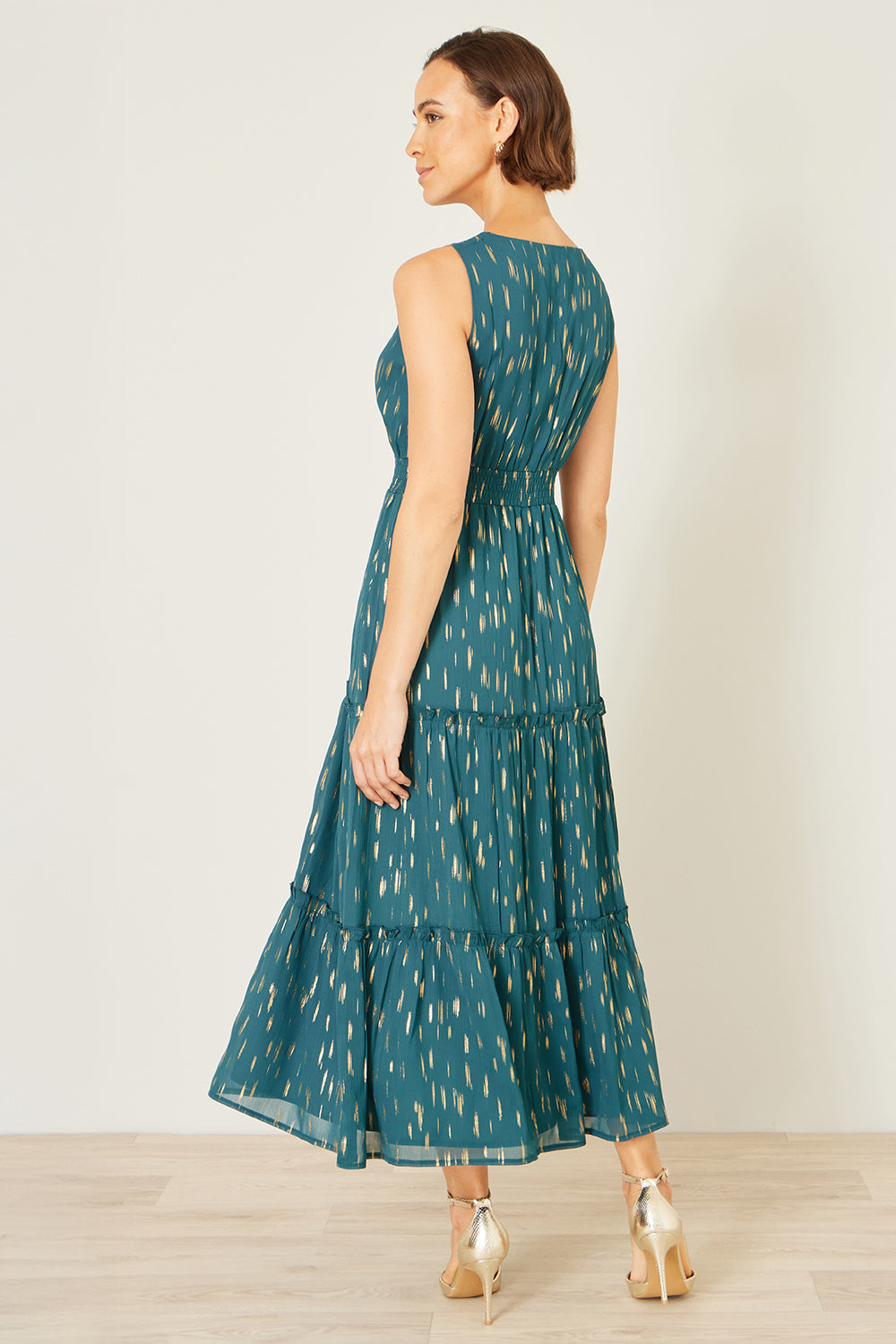 Yumi Teal Foil Print Ruched Waist Midi Dress With Tie Notch Neckline