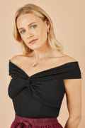 Yumi Black Jersey Cotton Bardot Top With Knot Detail