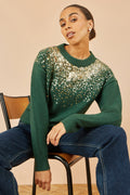 Yumi Green Relaxed Knitted Jumper With Scattered Sequin Neckline