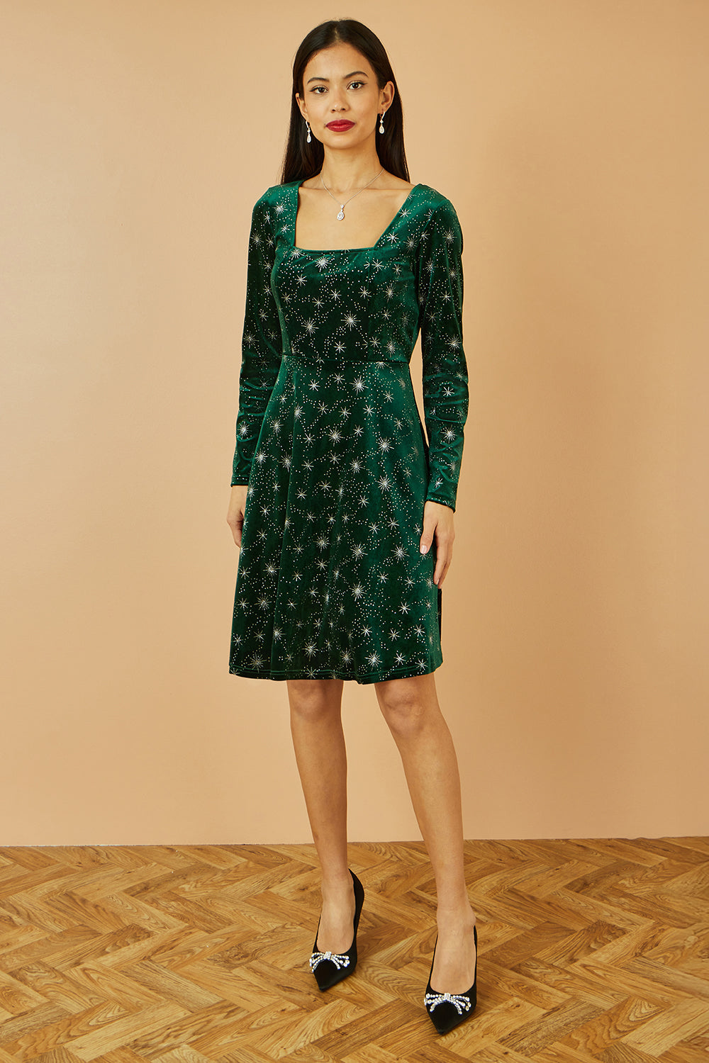 Yumi Green Starburst Foil Print Long Sleeve Skater Dress