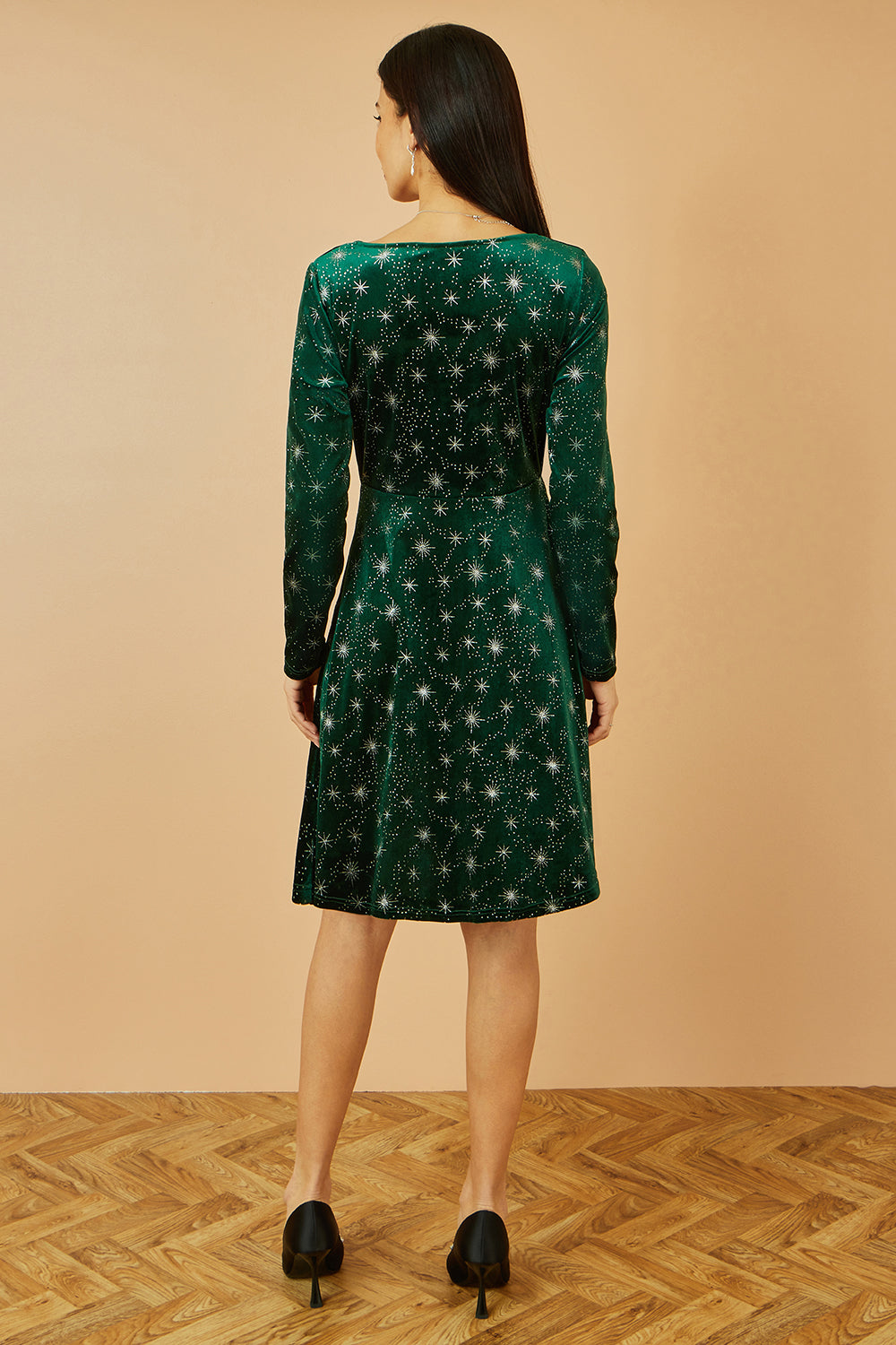Yumi Green Starburst Foil Print Long Sleeve Skater Dress