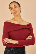 Yumi Burgundy Sparkle Bardot Jumper With Diamante Detail