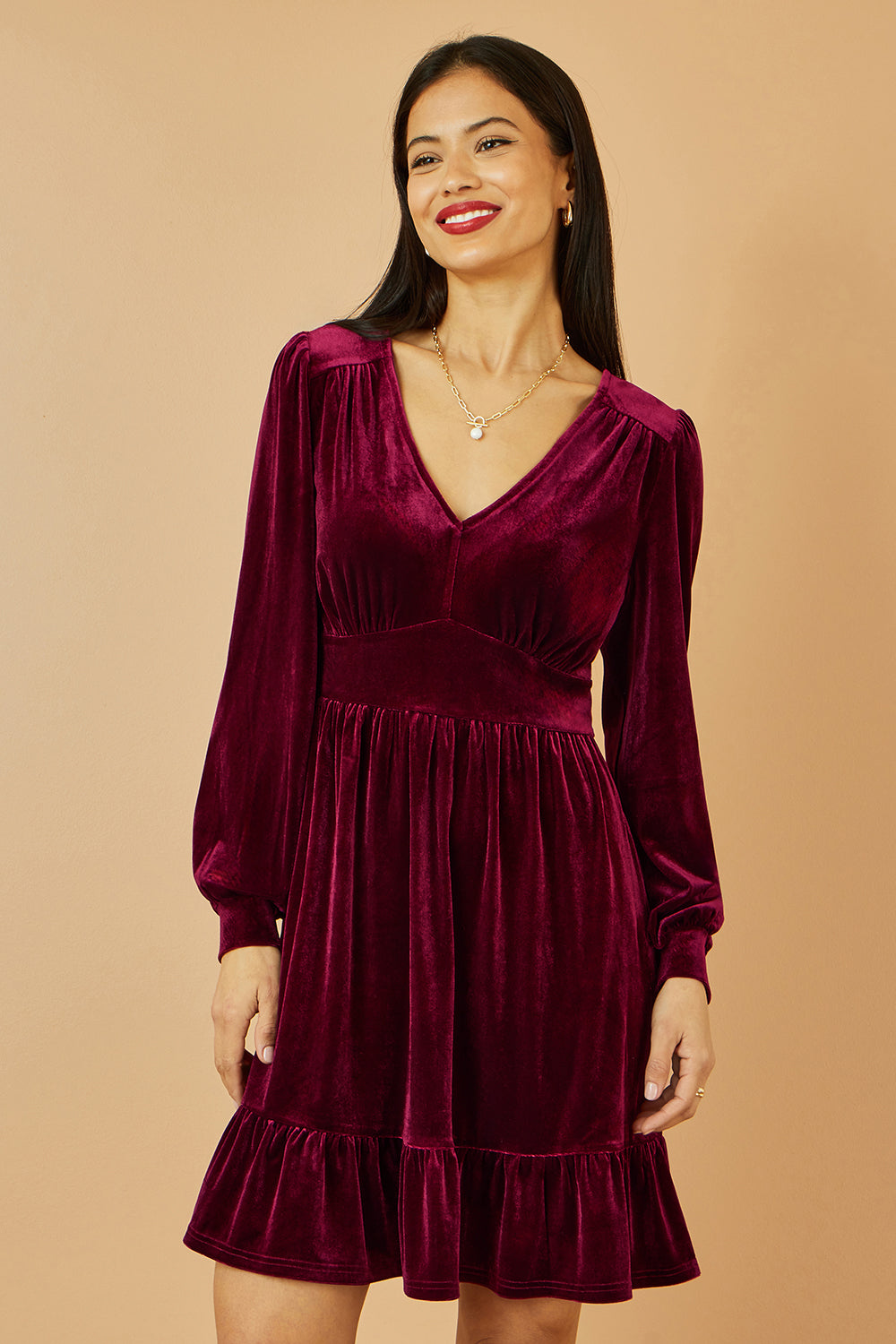 Yumi Burgundy Velvet Long Sleeve Skater Dress