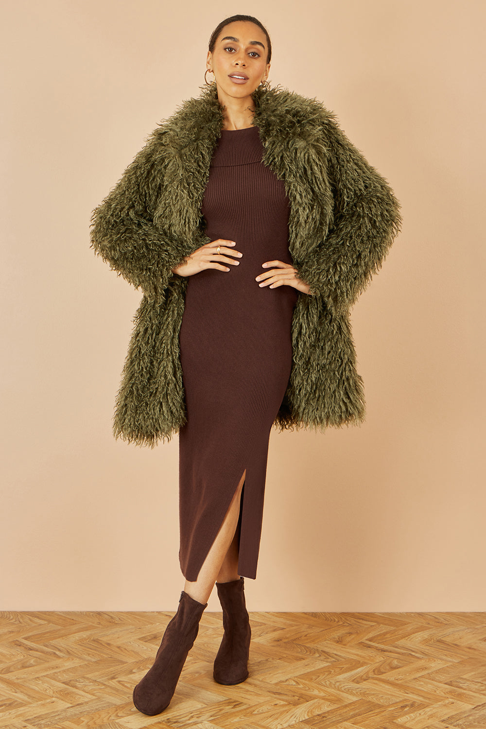 Yumi Green Luxe Long Hair Fur Coat