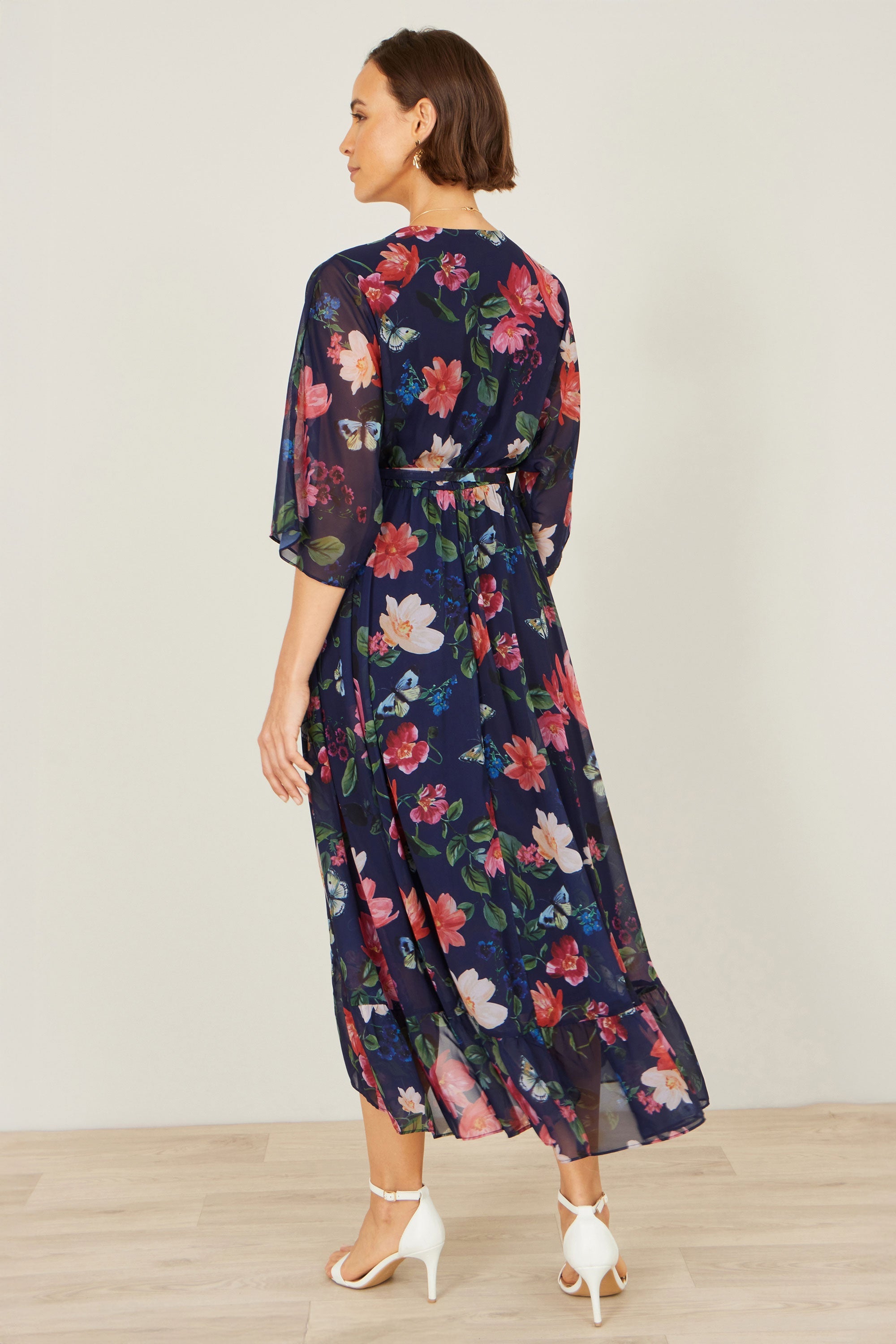 Yumi Navy Floral Kimono Wrap Dress With Dip Hem