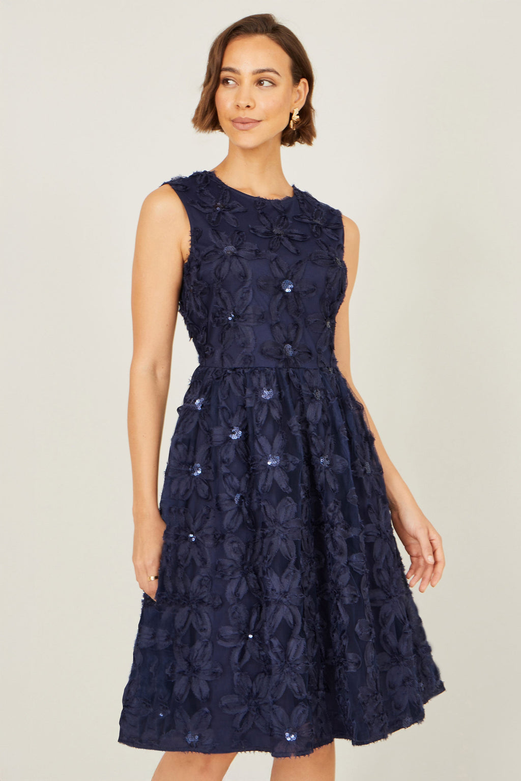 Yumi Navy Sequin Floral Applique Skater Dress