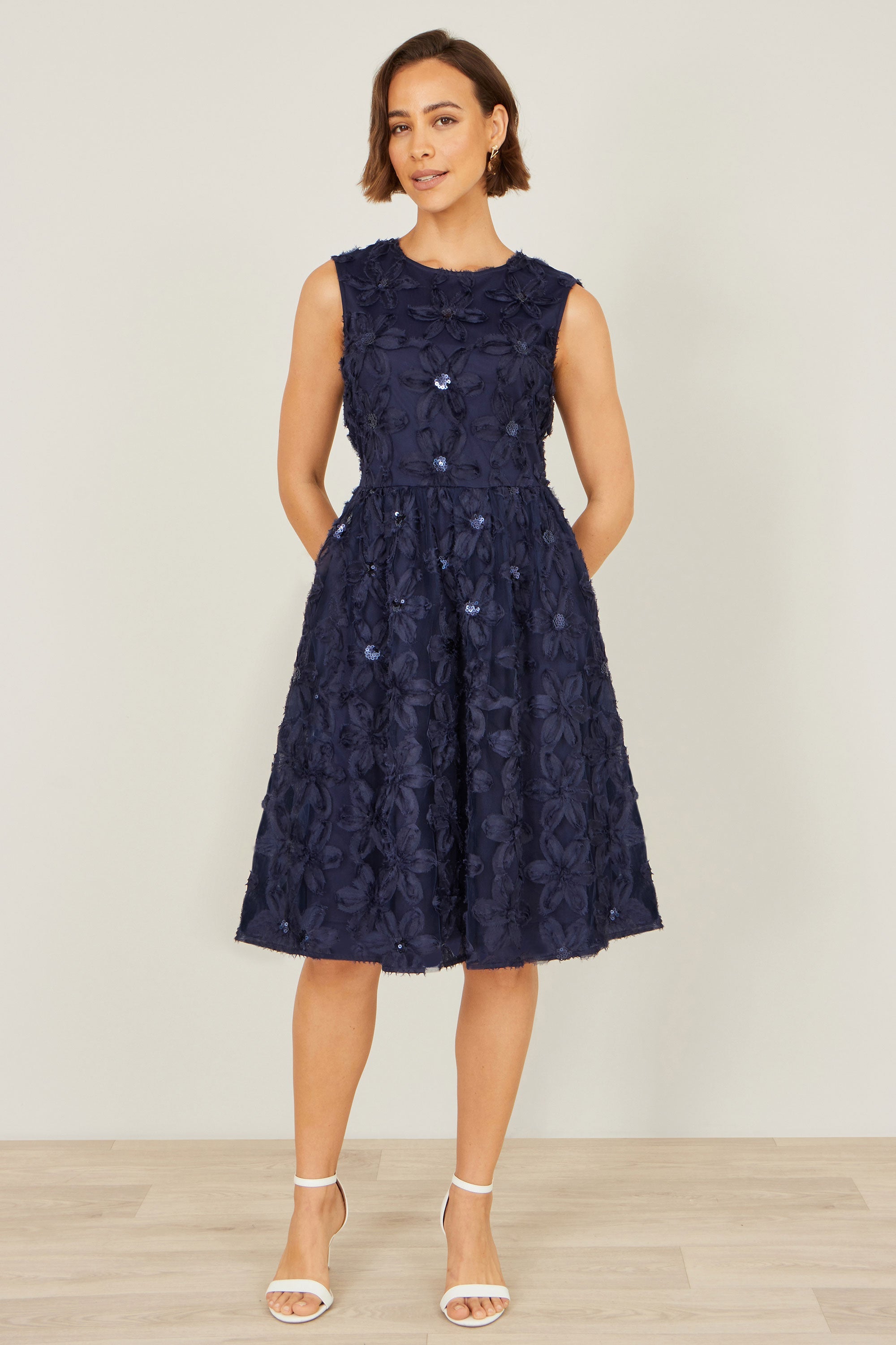 Yumi Navy Sequin Floral Applique Skater Dress