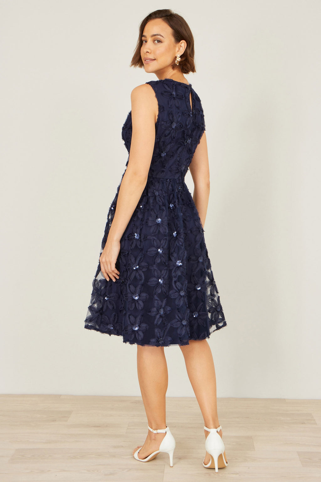 Yumi Navy Sequin Floral Applique Skater Dress