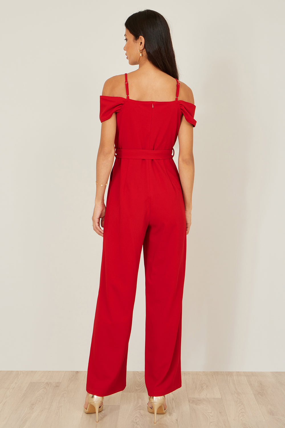 Yumi Red Stretch Bardot Jumpsuit
