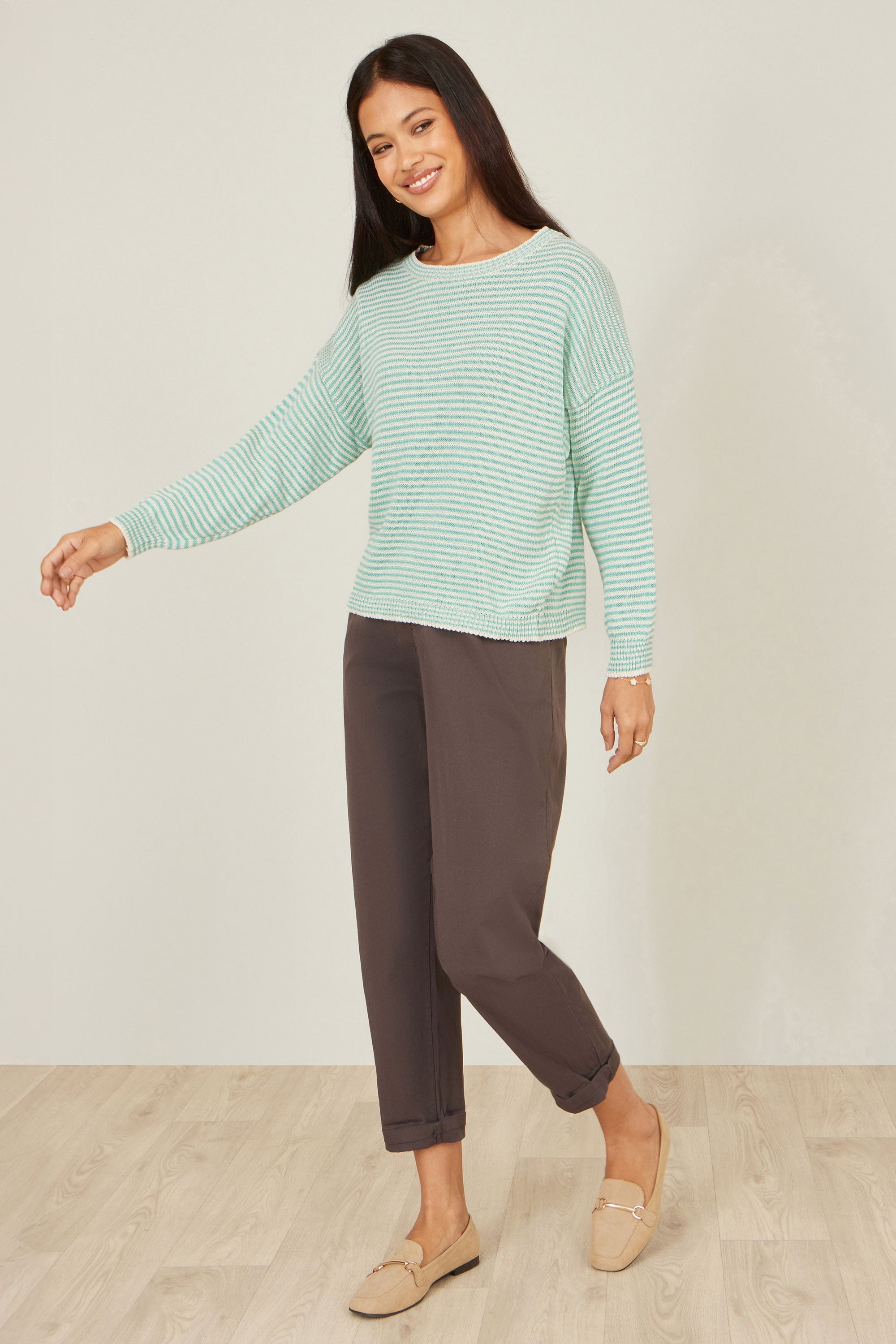 Yumi Sea Green Knitted Stripe Relaxed Jumper