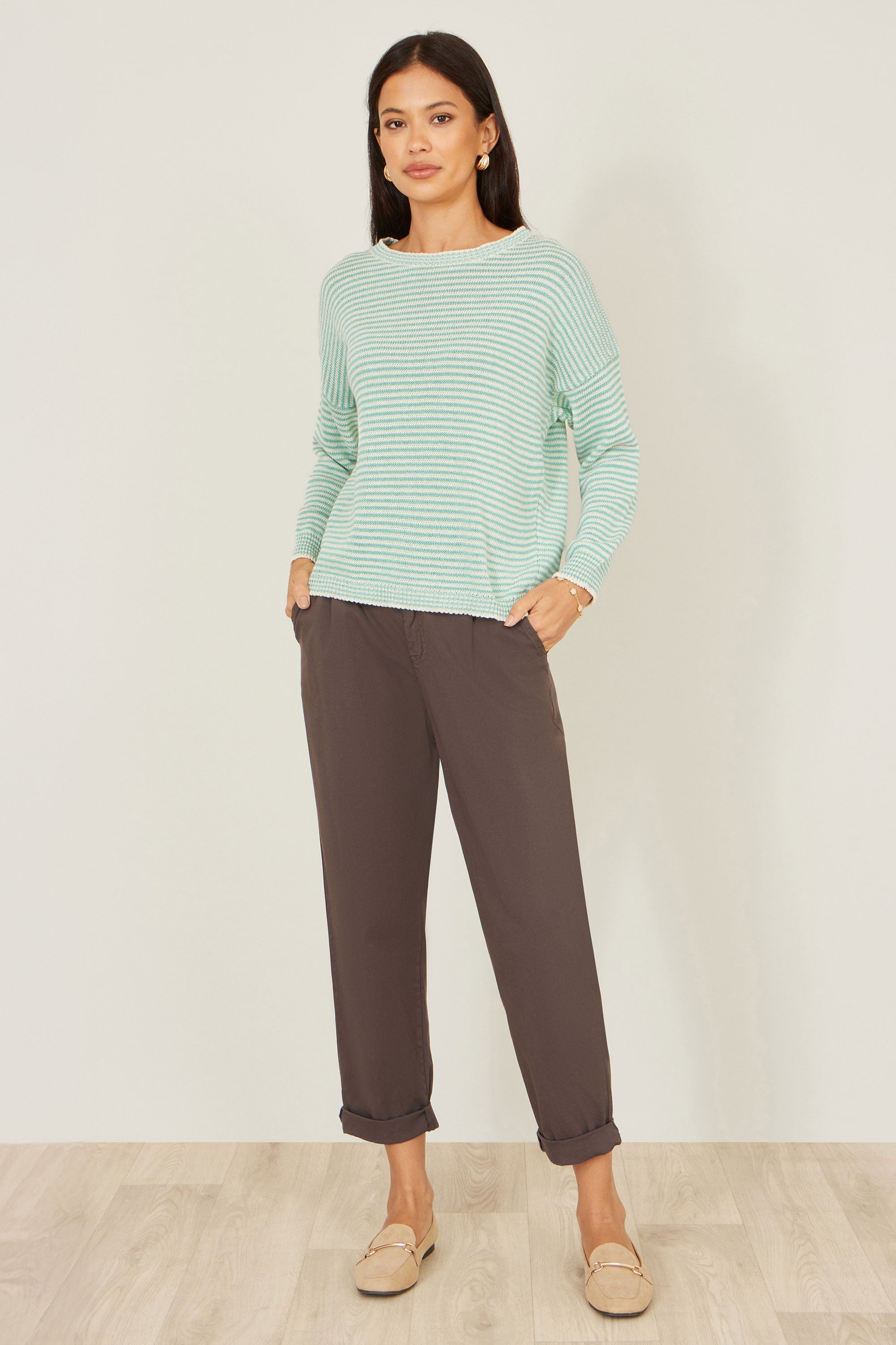 Yumi Sea Green Knitted Stripe Relaxed Jumper