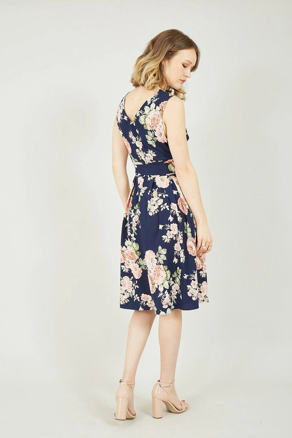 Mela Navy Rose Printed Wrap Over Sleeveless Skater Dress