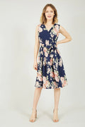 Mela Navy Rose Printed Wrap Over Sleeveless Skater Dress