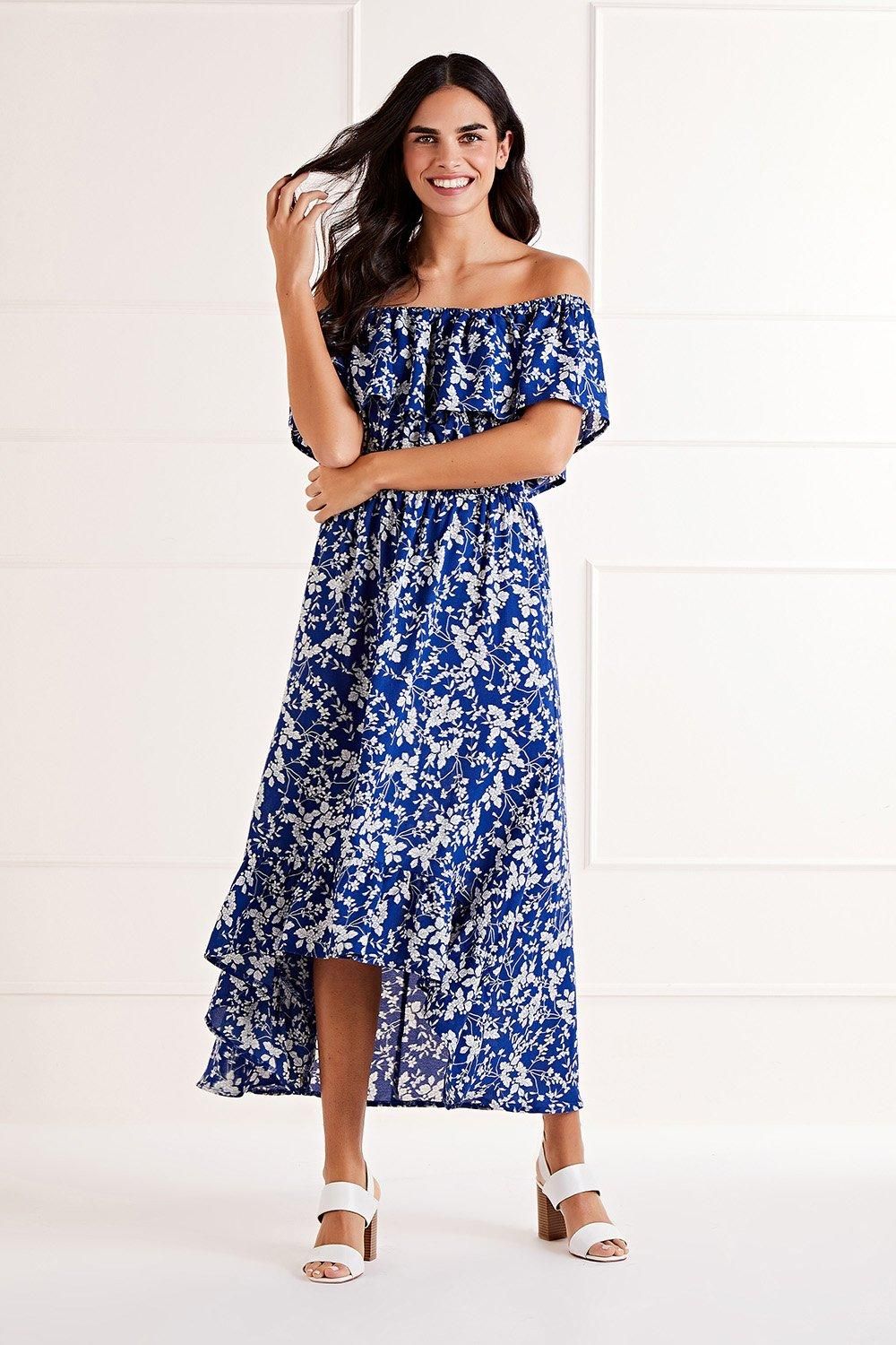 Mela Blue Ditsy Print Bardot Dipped Hem Dress