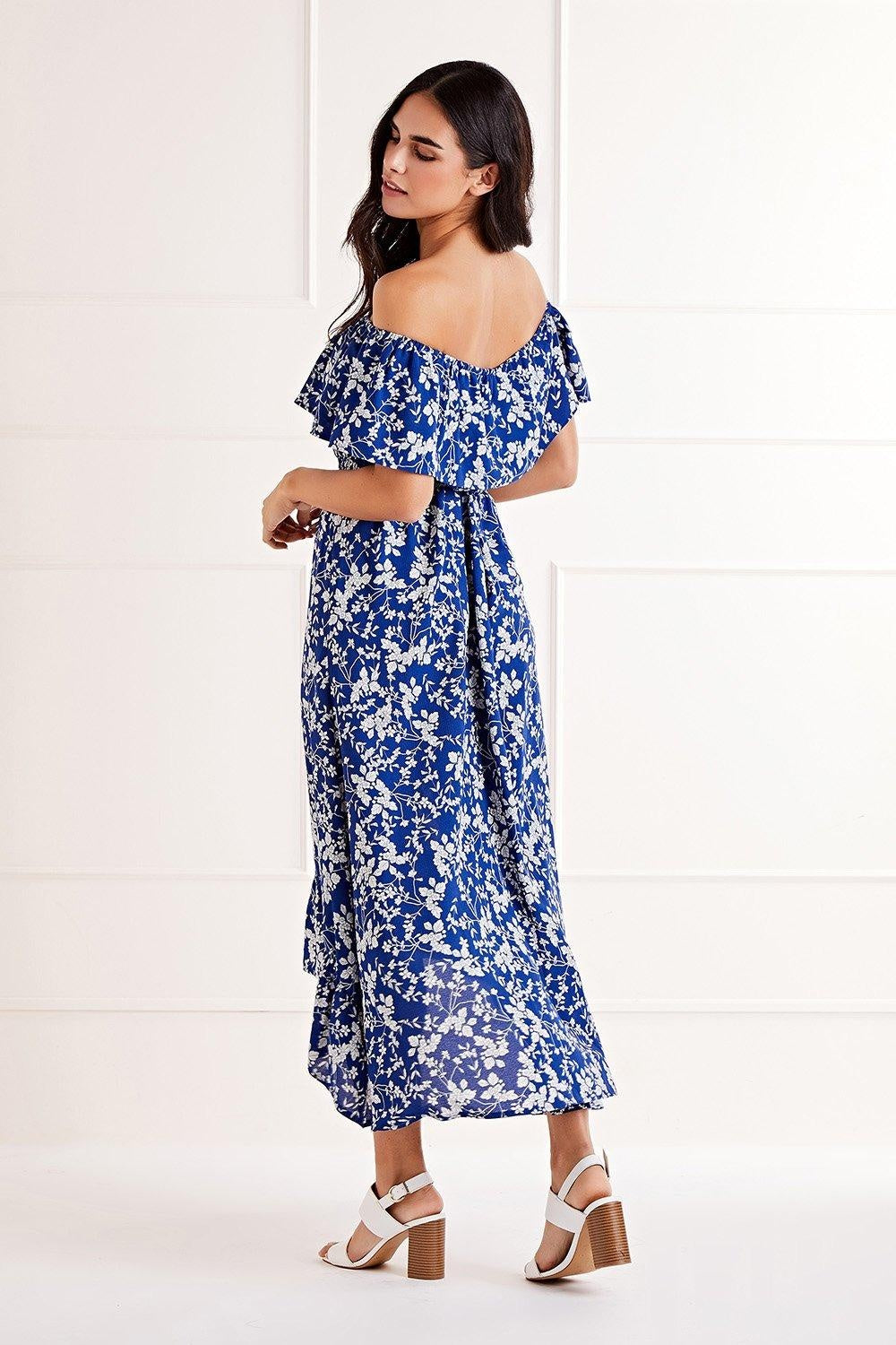 Mela Blue Ditsy Print Bardot Dipped Hem Dress