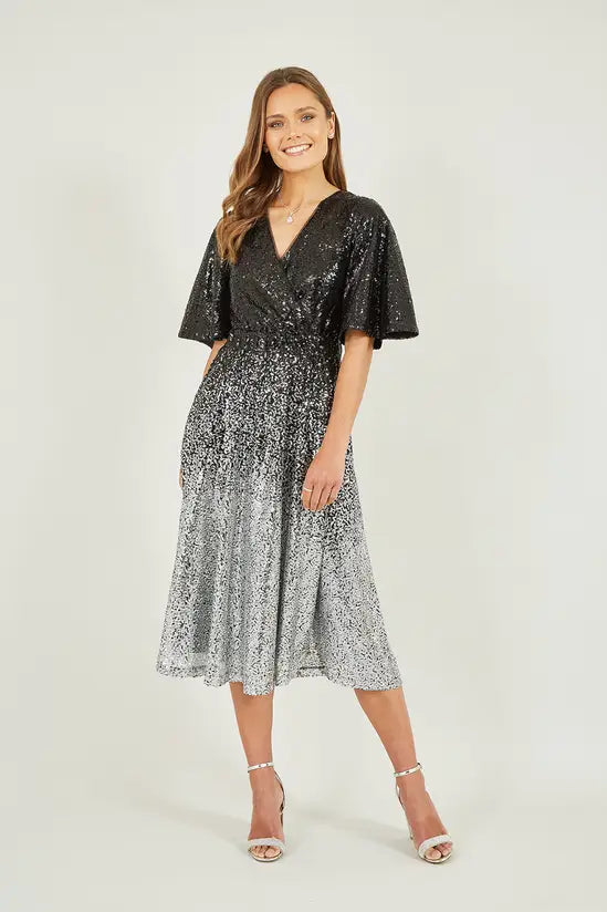 Yumi Black And Silver Ombre Sequin Midi Wrap Dress