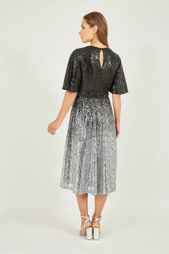 Yumi Black And Silver Ombre Sequin Midi Wrap Dress