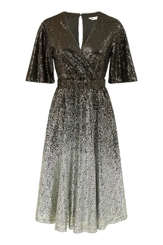Yumi Black And Silver Ombre Sequin Midi Wrap Dress