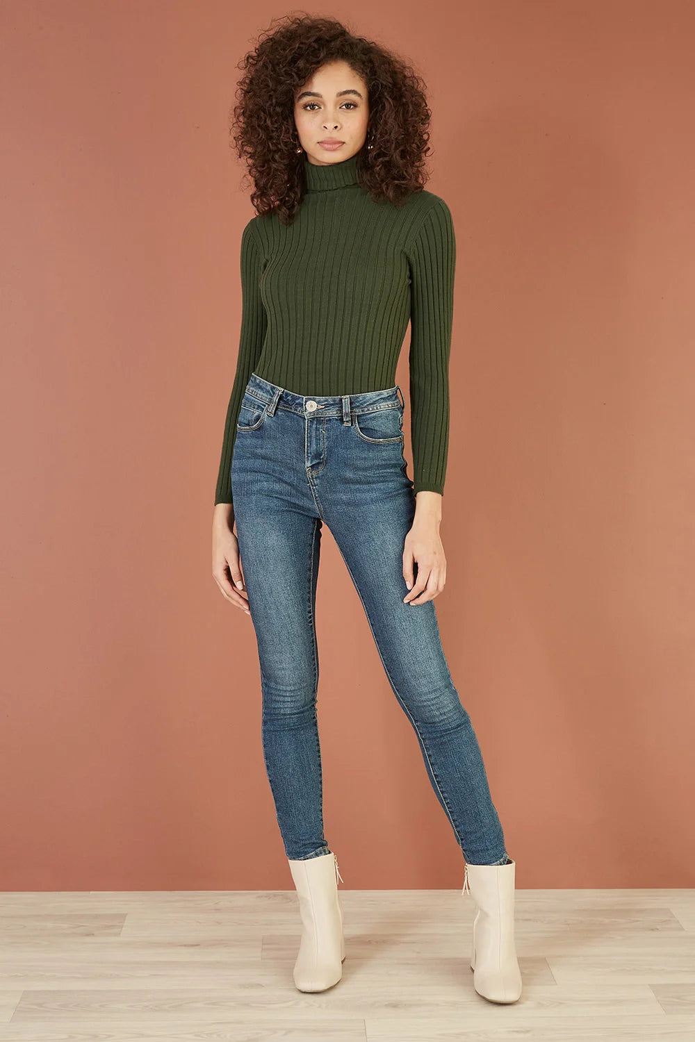 Yumi Green Ribbed Knit Roll Neck Jumper