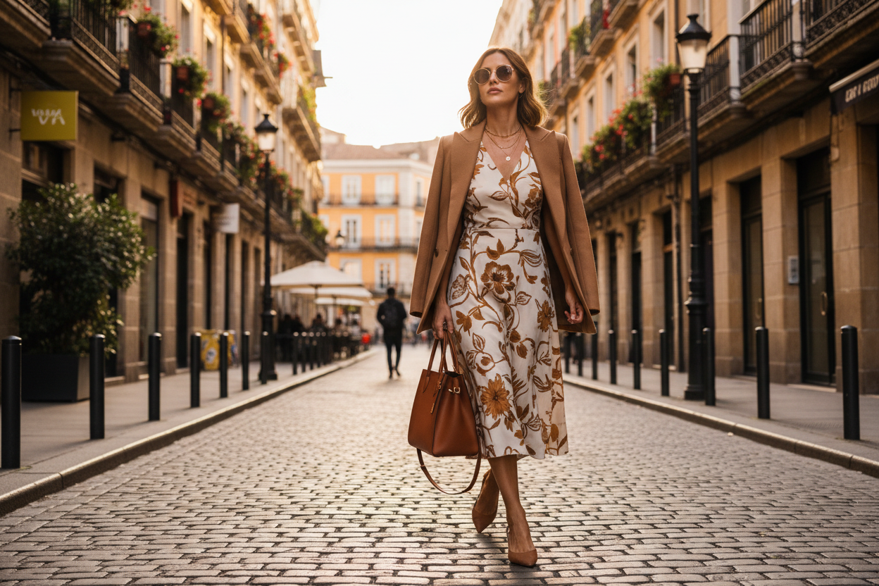 stylish woman walking confidently down a sunlit European city pedestrian street. cream-colored midi dress with a bold brown and tan floral pattern, layered with a tailored camel-colored wool blaze rdraped over her shoulders.
